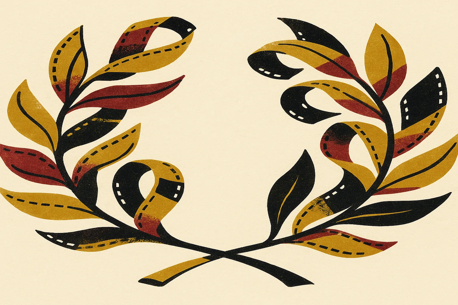 Ilustração em guache de um ornamento de louros trançado com tiras de película cinematográfica, em tons de papel, bordô e latão